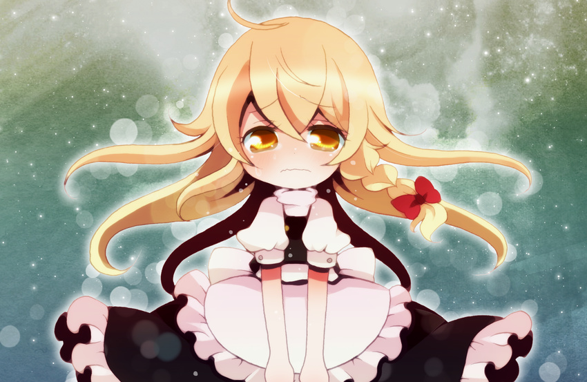 apron blonde_hair blush bow braid hair_bow haru_(citron_citron) highres kirisame_marisa long_hair looking_at_viewer no_hat no_headwear single_braid solo tears touhou waist_apron yellow_eyes