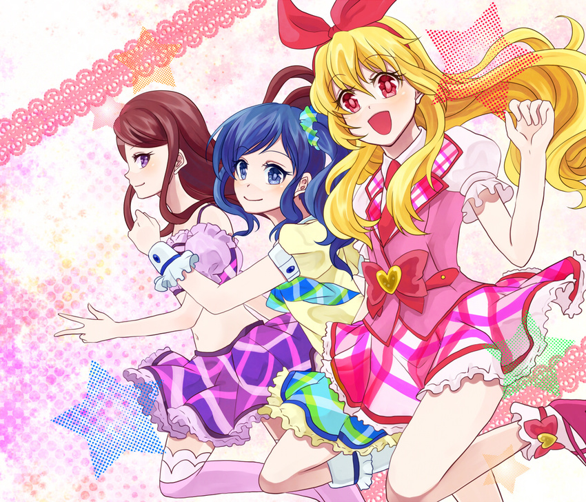 aikatsu! aikatsu!_(series) bad_id bad_pixiv_id bare_shoulders blonde_hair blue_eyes blue_hair blush brown_hair hair_ribbon hoshimiya_ichigo kiriya_aoi long_hair looking_at_viewer midriff multiple_girls navel necktie open_mouth purple_eyes red_eyes ribbon sasamaru_chimaki shibuki_ran thighhighs v