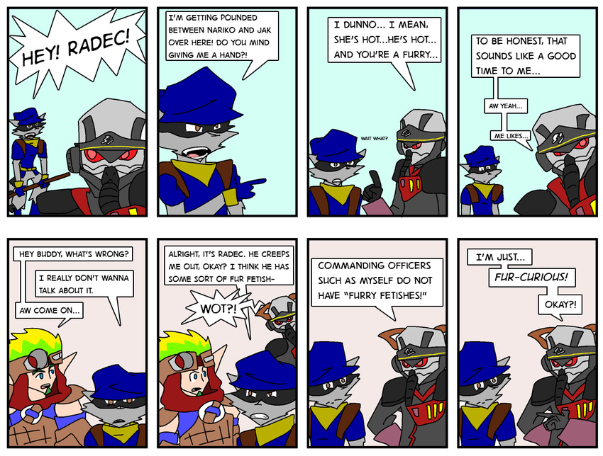 cane clothing comic dialog dialogue fetiche fur-curious humor invalid_tag jak jak_and_daxter killzone male mammal playstation_all_stars_battle_royale raccoon radec red_eyes sly sly_cooper sly_cooper_(series) text