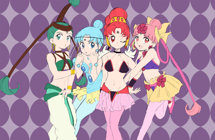 amazons_quartet bindi bishoujo_senshi_sailor_moon blue_eyes blue_leotard bow bra breasts cerecere_(sailor_moon) criss-cross_halter earrings flower green_eyes green_hair hair_flower hair_ornament halter_top halterneck happy jewelry junjun_(sailor_moon) leotard light_blue_hair long_hair looking_at_viewer medium_breasts midriff multiple_girls navel oboro_(hainyuu) one_eye_closed open_mouth pallapalla_(sailor_moon) pink_eyes pink_hair red_eyes red_hair sketch skirt smile teeth underwear vesves_(sailor_moon) yellow_bow