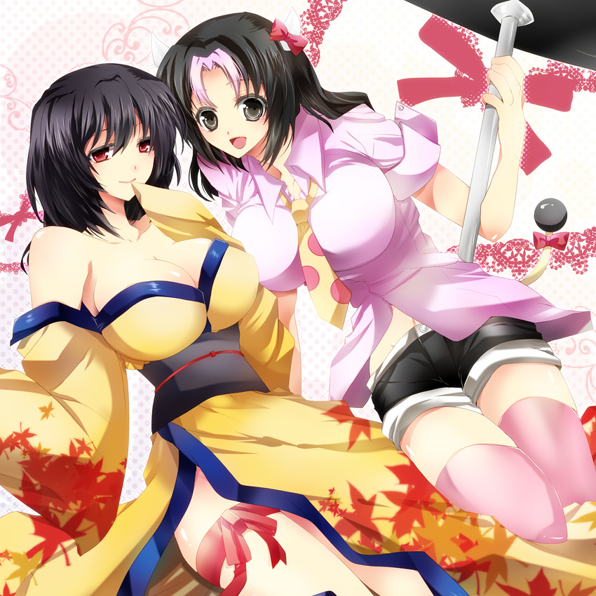 2girls akatsuki_yakyou breasts cleavage hair_ornament highres large_breasts leaf miltank multiple_girls navel personification pink_legwear pokemon red_eyes ribbon tail thighhighs typhlosion zettai_ryouiki