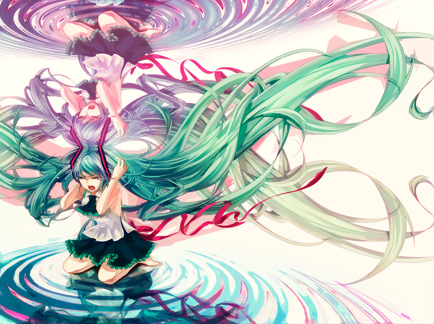 aqua_hair closed_eyes floating_hair green_hair hatsune_miku highres long_hair memai open_mouth reflection ripples screaming skirt solo symmetry tears twintails very_long_hair vocaloid