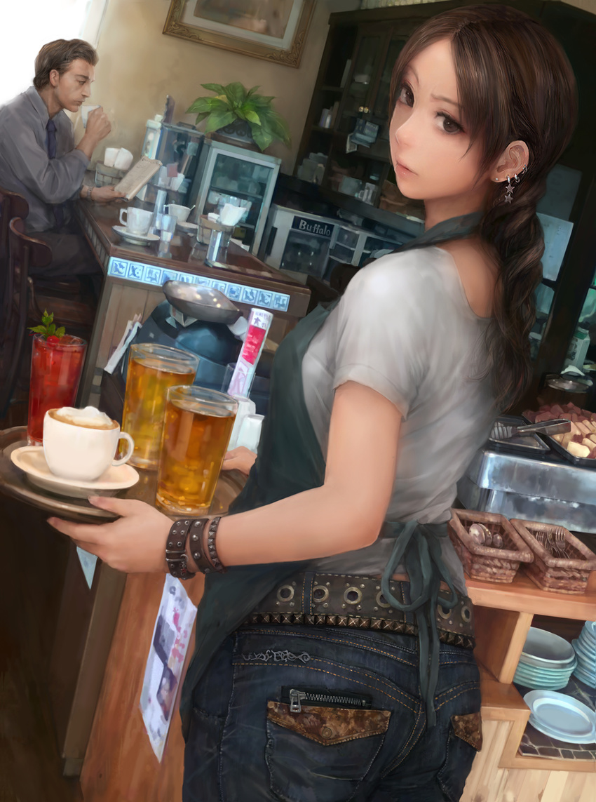 1girl belt black_eyes black_hair braid chair cup denim dutch_angle glass highres holding jeans lips looking_at_viewer miche necktie original pants plant plate portrait_(object) potted_plant raised_eyebrow realistic saucer single_braid sitting teacup tray