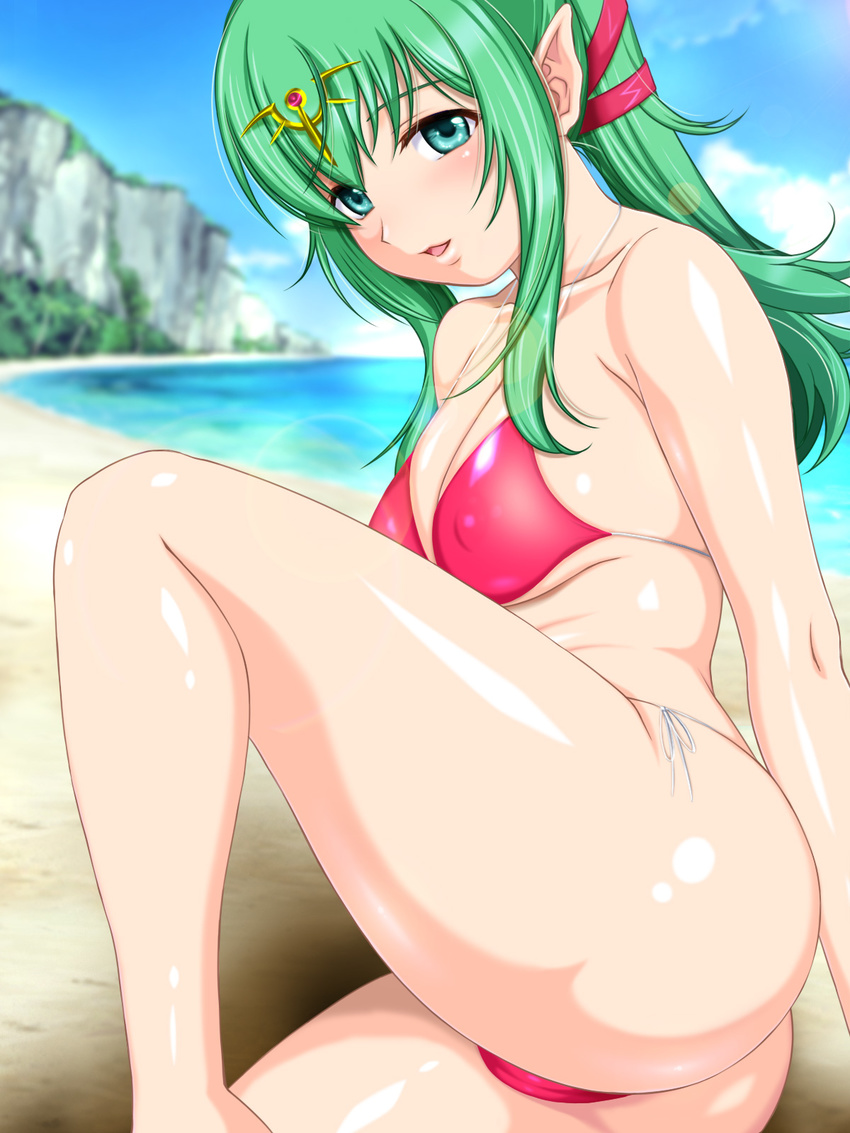 beach bikini blush breasts cherry_numan chiki cleavage day fire_emblem fire_emblem:_kakusei green_eyes green_hair hair_ornament hair_ribbon highres jewelry large_breasts long_hair mamkute open_mouth outdoors pointy_ears ponytail red_bikini ribbon sand shiny shiny_skin side-tie_bikini solo swimsuit water