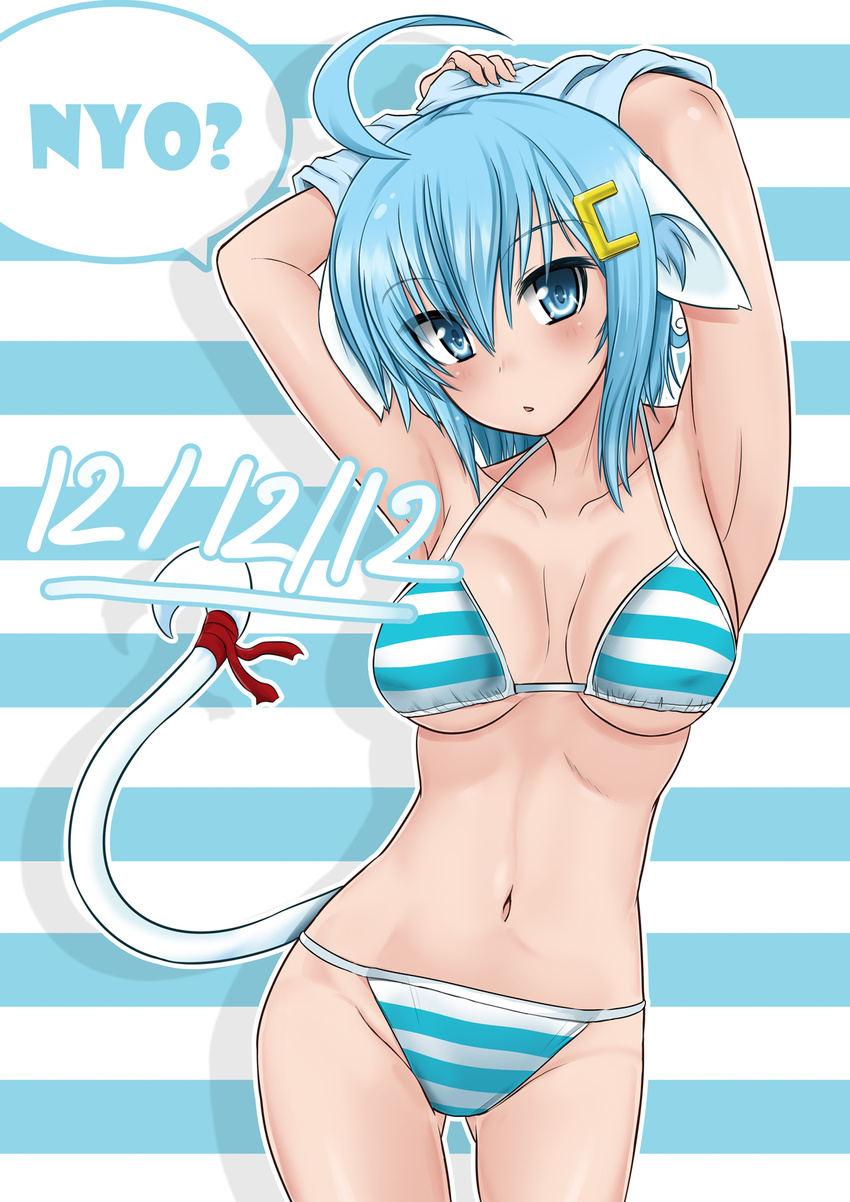 animal_ears armpits arms_behind_head arms_up bikini blue_eyes blue_hair cat_ears dated highres mint_(cerbi) original solo striped striped_bikini swimsuit tail