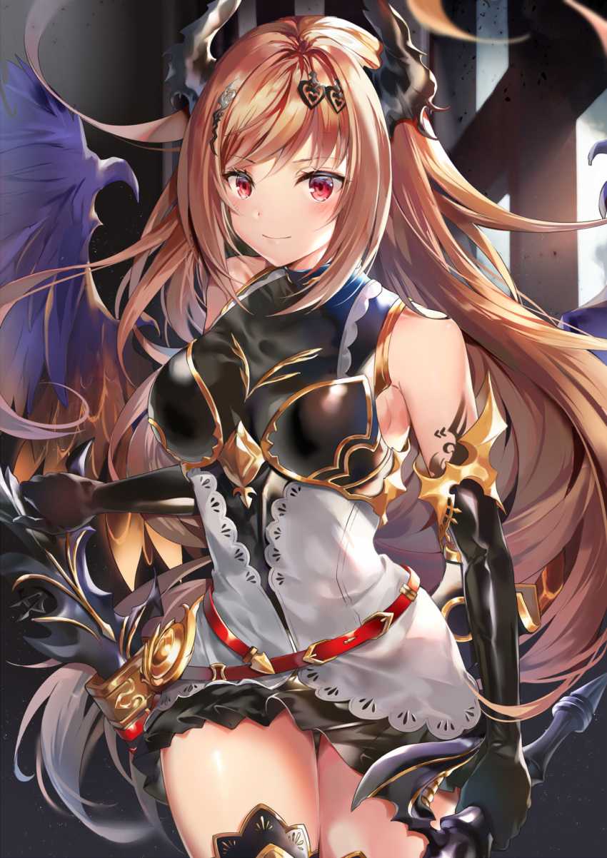 1girl armor armored_dress bangs bare_shoulders black_dress black_gloves blonde_hair breasts closed_mouth commentary_request cowboy_shot dark_angel_olivia dress elbow_gloves eyebrows_visible_through_hair flower gloves granblue_fantasy hair_flower hair_ornament hairclip highres hinahino holding horns long_hair looking_at_viewer medium_breasts red_eyes sidelocks smile solo sword thighhighs thighs very_long_hair walking weapon wings