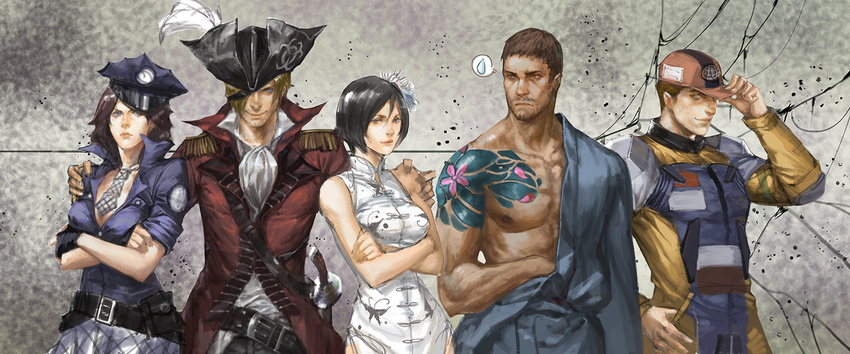 3boys ada_wong alternate_costume belt blonde_hair chinese_clothes chris_redfield crossed_arms epaulettes everyone eyepatch facial_hair hair_ornament hair_over_one_eye hand_on_shoulder hat helena_harper japanese_clothes kimono leon_s_kennedy multiple_boys multiple_girls narrator_(nobody) necktie piers_nivans pirate_hat police police_uniform resident_evil resident_evil_6 sword tattoo uniform weapon