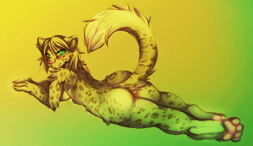 blush butt feline female green_eyes grin hindpaw inuki leopard looking_at_viewer lying mammal nude paws pinup pose solo wide_hips
