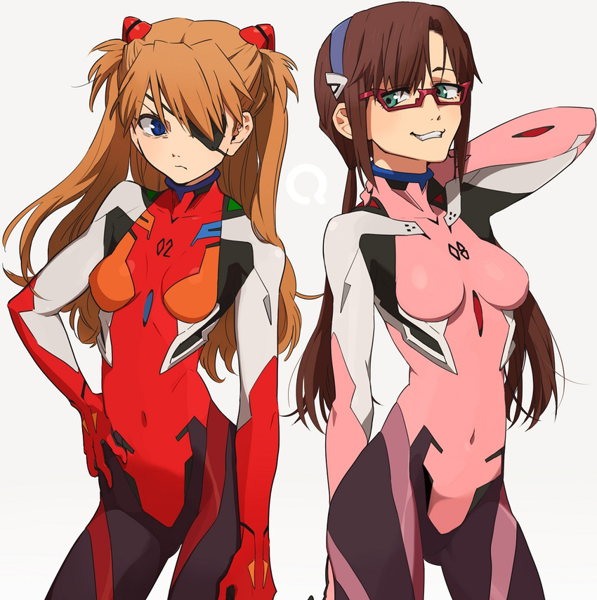 blue_eyes bodysuit brown_hair evangelion:_3.0_you_can_(not)_redo eyepatch fukusa glasses highres long_hair makinami_mari_illustrious multiple_girls neon_genesis_evangelion orange_hair pink_bodysuit plugsuit rebuild_of_evangelion shikinami_asuka_langley smile souryuu_asuka_langley