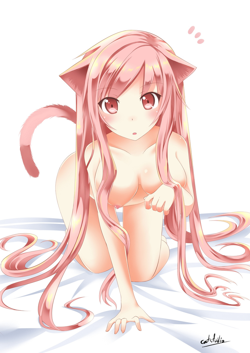 :o all_fours animal_ears breasts cat_ears cat_tail catstudioinc_(punepuni) collarbone fang highres large_breasts long_hair looking_at_viewer nipples nude original pink_eyes pink_hair puni_(miku_plus) red_eyes simple_background solo surprised tail very_long_hair white_background