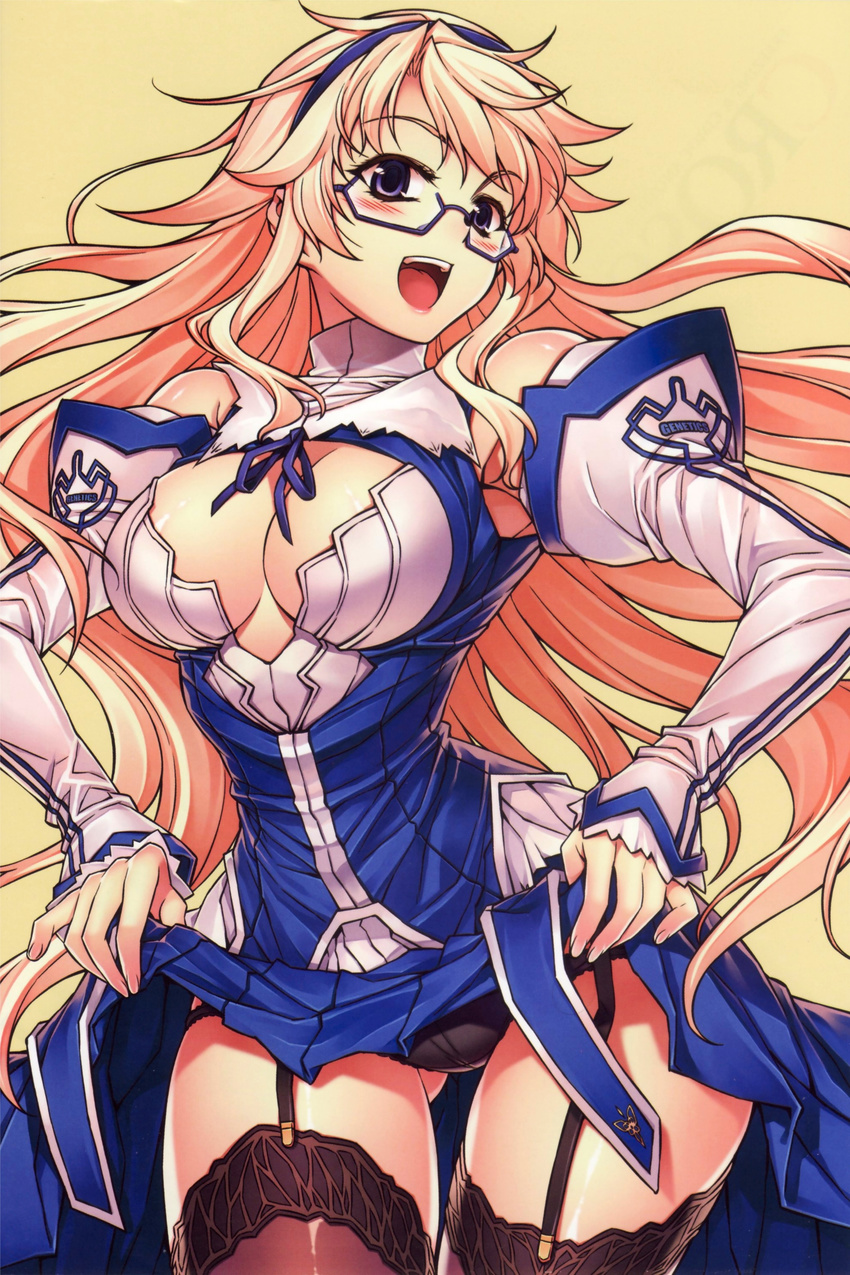 :d absurdres bare_shoulders black_legwear black_panties blonde_hair blue_eyes blush breasts cleavage cleavage_cutout cover cover_page detached_sleeves dress dress_lift freezing garter_straps glasses hairband highres large_breasts long_hair narrow_waist open_mouth panties satellizer_el_bridget smile solo soo-hyon_lee thigh_gap thighhighs underwear