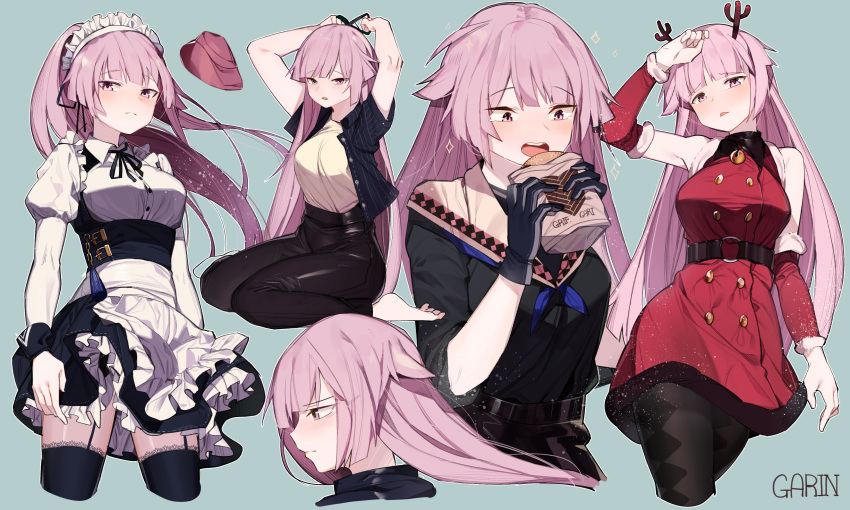 1girl absurdres alternate_costume alternate_hairstyle antlers apron artist_name bangs belt black_dress black_legwear blush breasts brown_pants buckle casual closed_mouth detached_sleeves double-breasted dress eating eyebrows_visible_through_hair food fur-trimmed_sleeves fur_trim garin garter_straps girls_frontline gloves hair_ribbon hand_up hat highres holding holding_food juliet_sleeves lace lace-trimmed_legwear long_hair long_sleeves looking_at_viewer maid maid_apron maid_headdress ntw-20_(girls_frontline) open_clothes open_mouth open_shirt pants pantyhose pink_eyes pink_hair ponytail puffy_sleeves reindeer_antlers ribbon shirt sidelocks sitting skirt sleeves_rolled_up sparkle tying_hair very_long_hair wariza