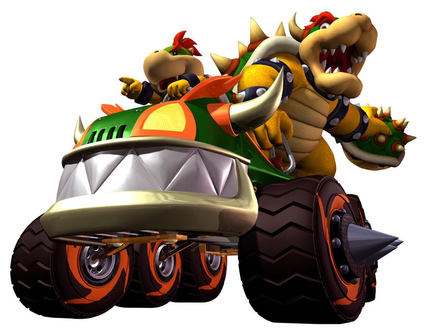 2boys bowser bowser_jr bowser_jr. father_and_son highres koopa male male_focus mario_(series) mario_kart multiple_boys nintendo pointing simple_background spike super_mario_bros. teeth wheel white_background