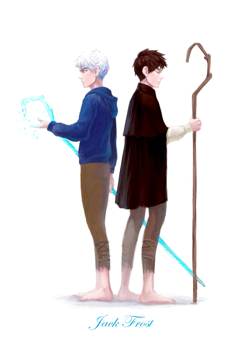 absurdres back-to-back barefoot blue_eyes brown_hair character_name cloak dual_persona full_body ghost highres hood hoodie ice jack_frost jack_frost_(rise_of_the_guardians) male male_focus rise_of_the_guardians short_hair solo standing stick walking_stick white_hair