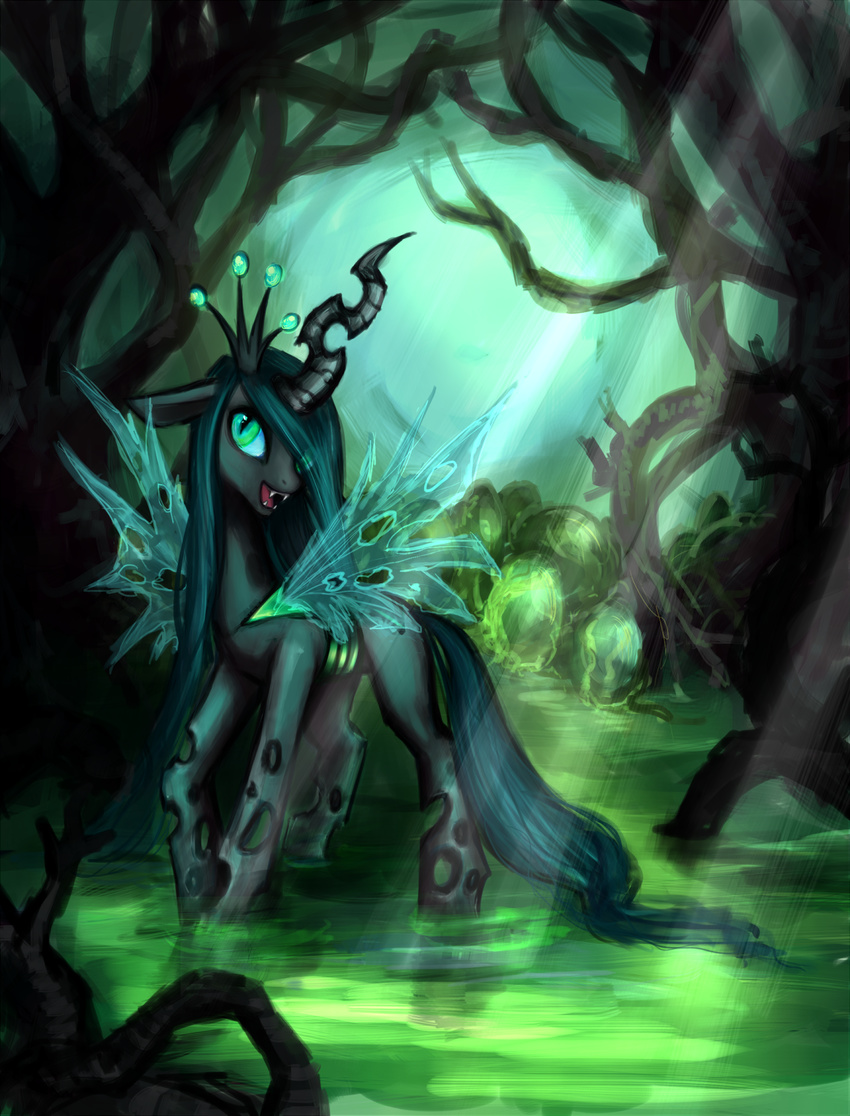 black_body cat_eyes changeling egg equine fangs female feral forest friendship_is_magic green_eyes green_hair hair holes horn looking_at_viewer mammal my_little_pony nyarmarr open_mouth queen_chrysalis_(mlp) slit_pupils solo swamp tree water wings