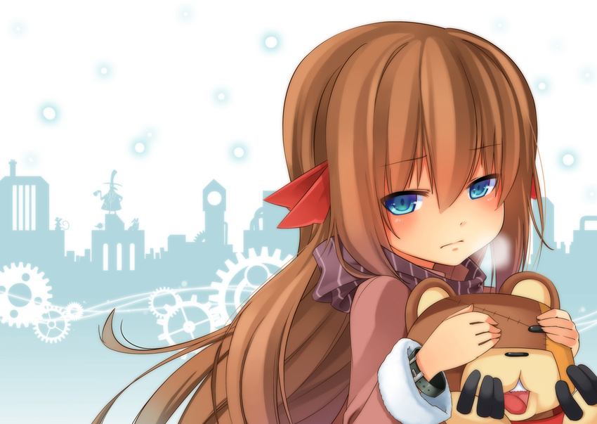 1girl blue_background blue_eyes blush bow breasts breath brown_hair city dress frown gear gears hair_bow hair_ornament holding idea_(tama_e_akira) long_hair looking_at_viewer misery_(tama_e_akira) open_mouth original scarf sideboob simple_background stuffed_animal stuffed_toy tama_e_akira teddy_bear very_long_hair victor_(tama_e_akira) white_background