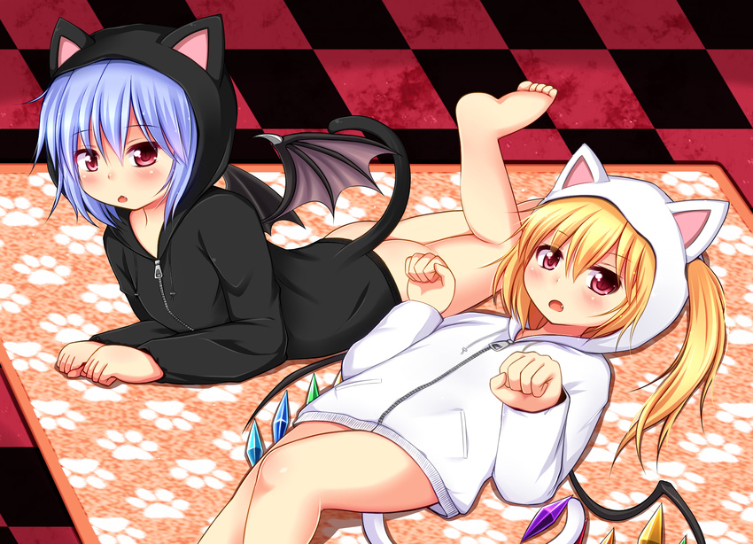 :o animal_ears animal_hood barefoot bat_wings blue_hair blush cat_ears cat_tail checkered checkered_floor fake_animal_ears fake_tail fang flandre_scarlet highres hood hoodie lying multiple_girls naked_hoodie on_back on_stomach paw_pose red_eyes remilia_scarlet rena_(riries) siblings sisters tail touhou wings