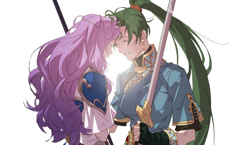 aqua_dress armor blue_armor blue_eyes blush breasts couple dirty dirty_clothes dress earrings eyes_closed female fingerless_gloves fire_emblem fire_emblem:_rekka_no_ken florina florina_(fire_emblem) forehead-to-forehead gloves green_eyes green_gloves green_hair happy highres holding holding_weapon jewelry katana laughing long_hair lyndis_(fire_emblem) medium_breasts multiple_girls neck nintendo open_mouth pegasus_knight ponytail purple_hair round_teerh short_sleeves simple_background smile sword teeth upper_body wavy_hair weapon white_background white_dress yarr yuri