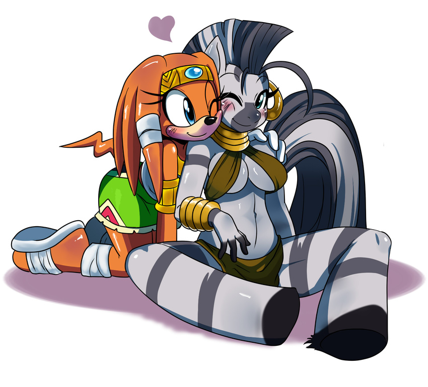 &lt;3 anthro anthrofied big_breasts blue_eyes blush breasts cleavage clothed clothing crossover duo ear_piercing echidna equine female friendship_is_magic mammal mohawk my_little_pony one_eye_closed piercing plain_background sega skimpy smile sonic_(series) sssonic2 tikal_the_echidna white_background wink zebra zecora_(mlp)