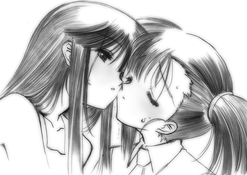 blush closed_eyes collarbone couple greyscale highres imminent_kiss konoe_konoka long_hair mahou_sensei_negima! monochrome multiple_girls sakurazaki_setsuna senomoto_hisashi side_ponytail sketch yuri