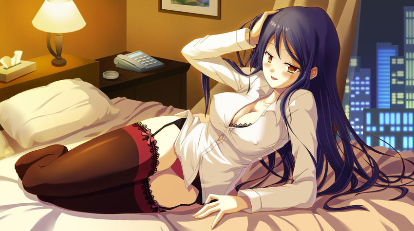 bad_id bad_pixiv_id bed black_bra black_legwear blue_hair bottomless bra breasts brown_eyes cleavage covered_nipples garter_straps highres lace lace-trimmed_bra lace-trimmed_thighhighs lampshade large_breasts legs muraji_(murajiram) original panties phone pillow red_panties teasing thighhighs tissue_box underwear