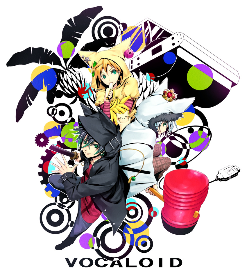 :3 animal_hood banana bell black_hair blonde_hair buckle cat cat_hood copyright_name crown food fruit gears green_eyes highres hood kagamine_len looking_back male_focus mini_crown multiple_boys namesake nyaashan palm_tree pants piko_piko_hammer plaid plaid_pants smile steamroller sword tree usb utatane_piko vocaloid vy2 wakizashi weapon