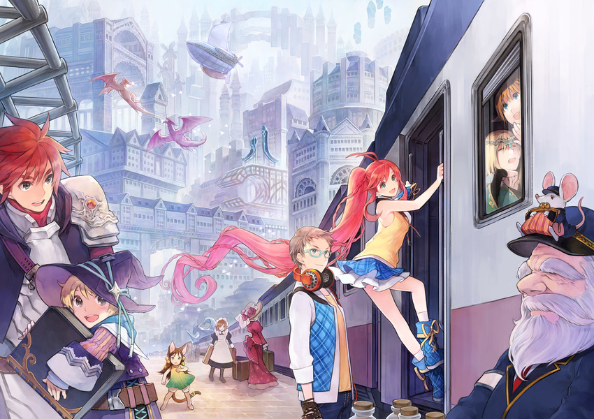 5girls aircraft airship animal_ears architecture bad_id bad_pixiv_id beard bell blonde_hair book brown_hair copyright_request dragon facial_hair fantasy flower ground_vehicle hakou_(barasensou) hat headphones headphones_around_neck highres long_hair maid mouse multiple_boys multiple_girls mustache ponytail red_hair skirt sleeveless tail train very_long_hair witch_hat