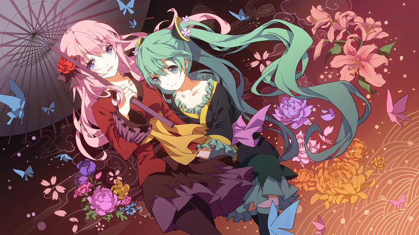 bad_id bad_pixiv_id blue_eyes chou_(module) flower green_eyes green_hair hana_(module) hatsune_miku kumio long_hair magnet_(vocaloid) megurine_luka multiple_girls oriental_umbrella pantyhose pink_hair project_diva_(series) project_diva_2nd thighhighs twintails umbrella very_long_hair vocaloid