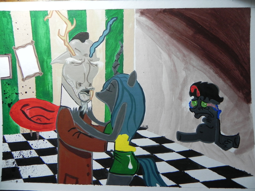 absurd_res black_hair changeling discord_(mlp) draconequus drawing equine esprites female friendship_is_magic green_eyes hair hi_res horn horse king_sombra_(mlp) male mammal my_little_pony my_little_pony_ nightmare_fuel open_mouth pony queen_chrysalis queen_chrysalis_(mlp) traditional_media unicorn what what_has_science_done