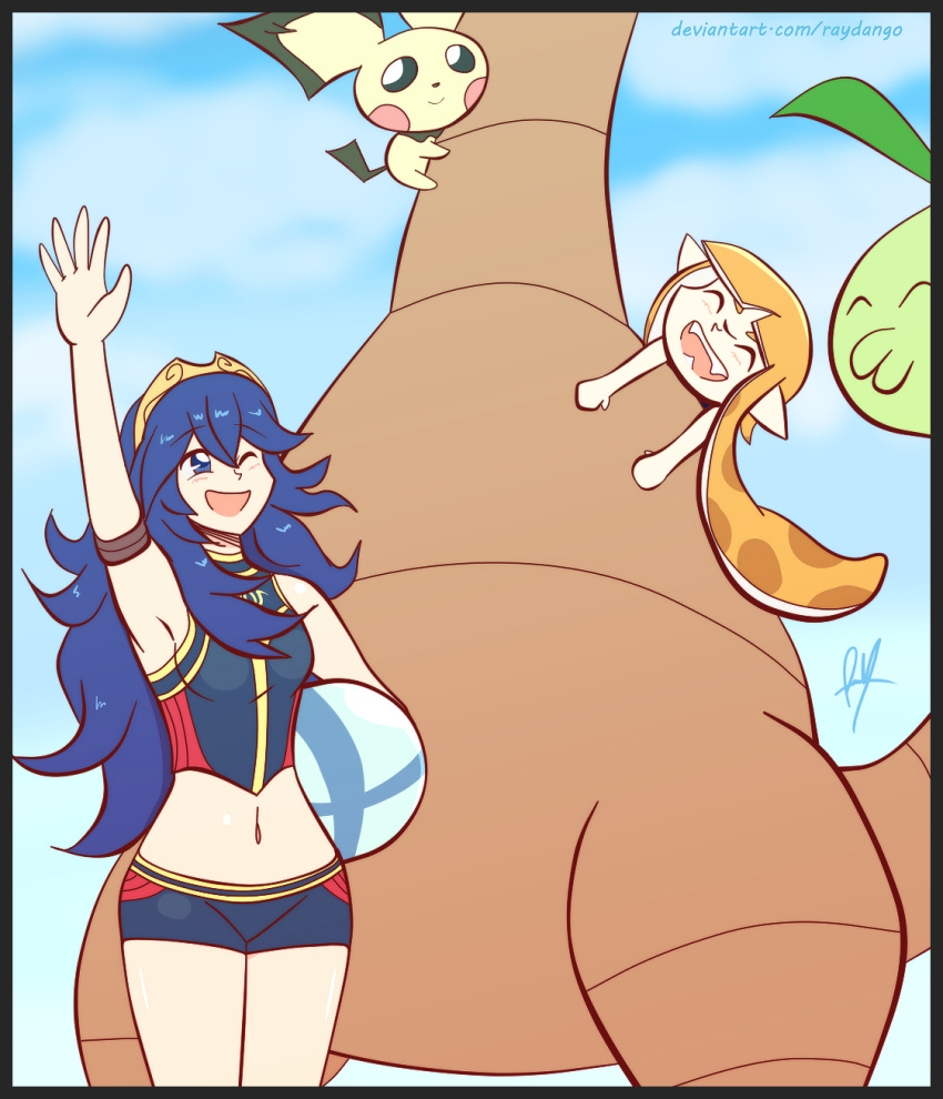 alolan_exeggutor armpits beach blue_eyes blue_hair blush creatures_(company) domino_mask fangs fire_emblem fire_emblem:_kakusei game_freak gen_2_pokemon highres inkling long_hair looking_at_viewer lucina mask multiple_girls navel nintendo one_eye_closed open_mouth pichu pointy_ears pokemon pokemon_(creature) pokemon_(game) pokemon_sm raydango shorts smile splatoon splatoon_(series) splatoon_1 squid super_smash_bros. super_smash_bros._ultimate swimsuit tentacle_hair tiara topknot