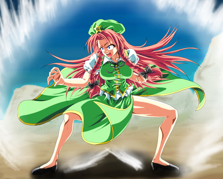 aura blue_eyes bow braid cable commentary_request constricted_pupils dragon_ball dragon_ball_z electricity fighting_stance hair_bow hat hong_meiling kamishima_kanon long_hair looking_at_viewer open_mouth red_hair solo spread_legs standing super_saiyan sweat touhou