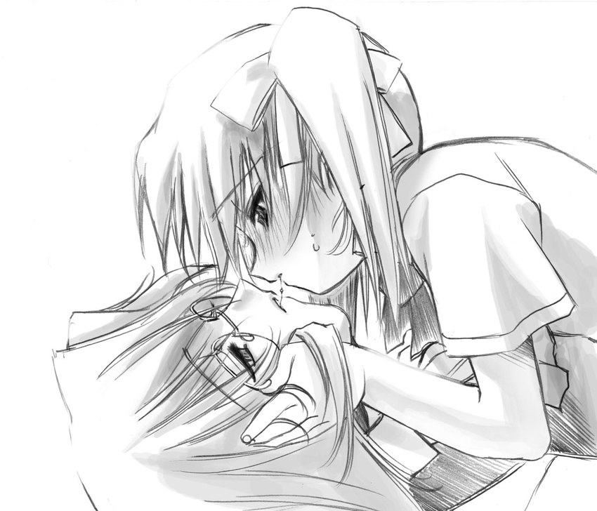 after_kiss couple eye_contact fukuzawa_yumi greyscale hair_ribbon hand_on_another's_face kiss long_hair looking_at_another maria-sama_ga_miteru monochrome multiple_girls ribbon saliva saliva_trail school_uniform senomoto_hisashi sketch takeshima_tsutako twintails white_background yuri