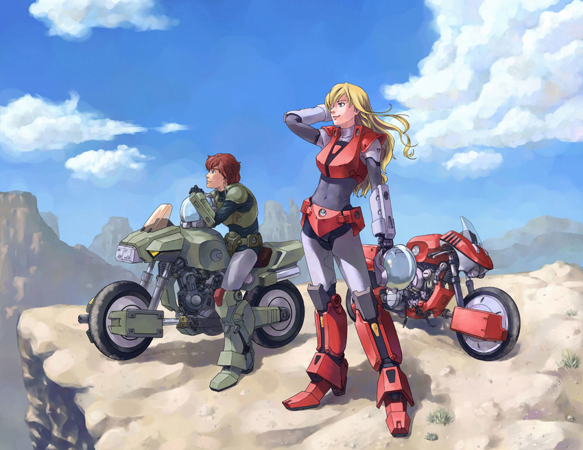 1girl 80s armor blonde_hair brown_hair canyon cloud couple day desert good_end ground_vehicle helmet hetero houquet_et_rose kikou_souseiki_mospeada long_hair mecha mospeada mospeada_(mecha) motor_vehicle motorcycle mountain notsu_(gsxr) oldschool power_armor power_suit ray_(mospeada) science_fiction