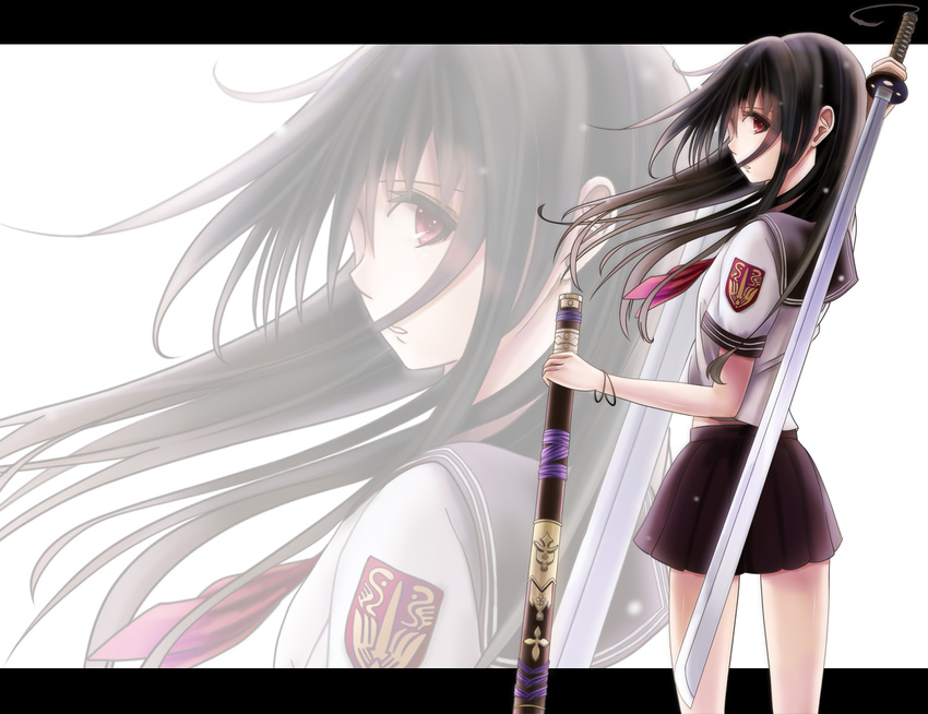 black_hair kentaurosu long_hair original seifuku sword weapon zoom_layer