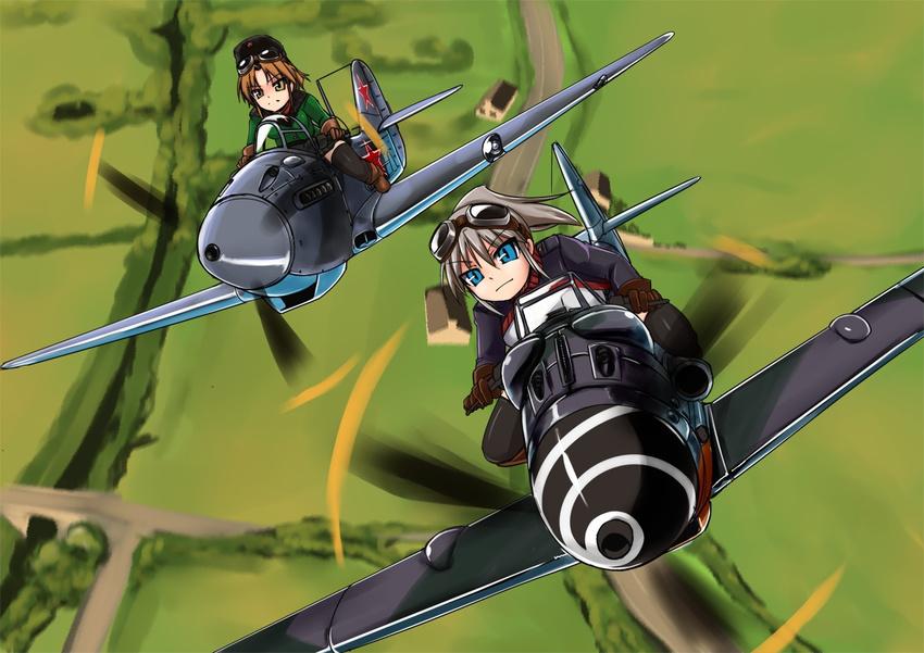 2girls brown_hair fighter_planes flying gloves goggles gray_hair grey_hair hat long_hair multiple_girls original ponytail short_hair sitting thighhighs tokihama_jirou uniform