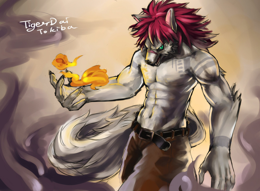 angry belt biceps black_nose blue_eyes bush_tail clothed clothing fire fluffy_tail fur green_eyes grey_fur hair half-dressed magic male muscles pecs red_hair scar shorts solo tattoo tigerdai topless white_fur