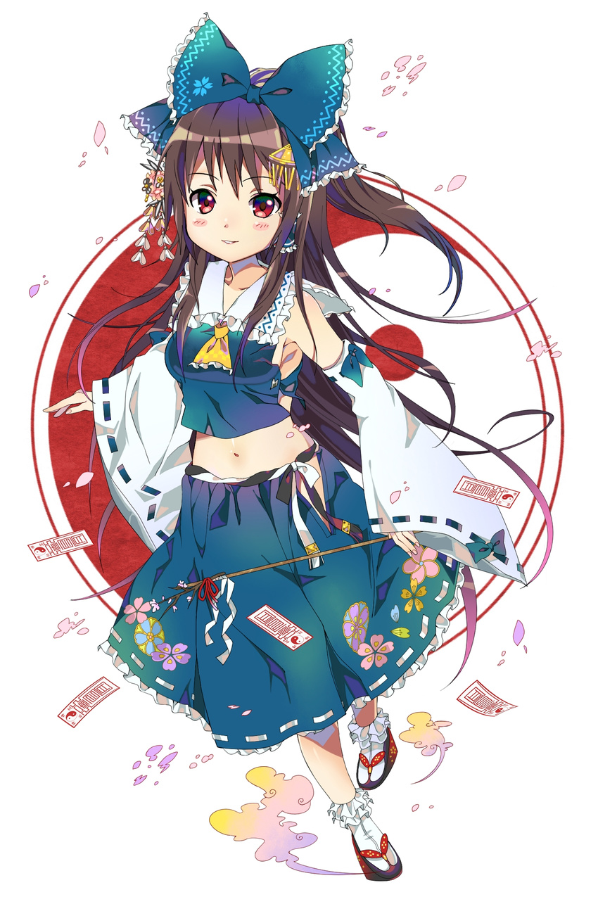 alternate_color bare_shoulders blush bobby_socks bow brown_hair cherry_blossoms detached_sleeves floral_print full_body gohei hair_bow hair_ornament hakurei_reimu highres long_hair looking_at_viewer motiking navel ofuda parted_lips simple_background smile socks solo standing tabi touhou white_background white_sleeves wide_sleeves yin_yang