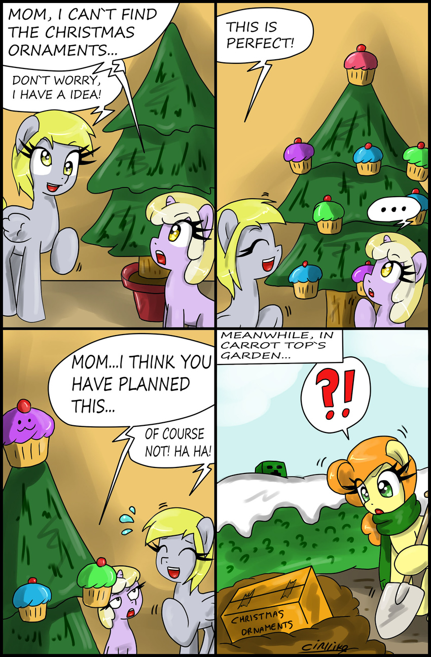 2012 ?! blonde_hair box carrot_top_(mlp) christmas christmas_tree ciriliko creeper cub derpy_hooves_(mlp) dialog dialogue dinky_hooves_(mlp) english_text equine female feral food friendship_is_magic green_eyes hair holidays horn horse mammal minecraft muffin my_little_pony orange_hair pegasus pony scarf shovel snow text tree unicorn video_games wings yellow_eyes young