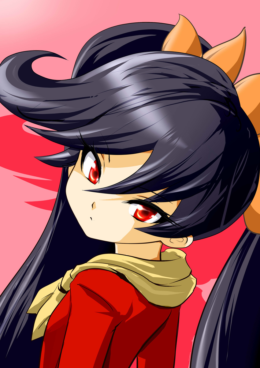 absurdres ashley_(warioware) bangs big_hair black_hair chenge-getter closed_mouth commentary_request dress flat_chest from_behind hair_between_eyes hairband highres long_hair looking_at_viewer looking_back neckerchief orange_hairband pink_background red_dress red_eyes shadow shaft_look solo tsurime twintails upper_body very_long_hair warioware yellow_neckwear