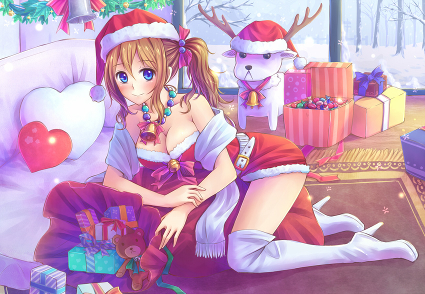 bare_shoulders bare_tree bell blue_eyes blush boots breasts brown_hair christmas cleavage collarbone gift hair_bobbles hair_ornament heart heart_pillow high_heels large_breasts looking_at_viewer original pillow sack scarf shoes side_ponytail smile snow solo stuffed_animal stuffed_toy suikakitsu_shiro teddy_bear thigh_boots thighhighs tree window xia_you_qing