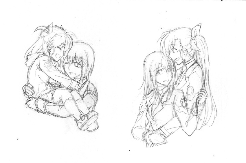 bad_id bad_pixiv_id carrying graphite_(medium) greyscale hug hug_from_behind irapeah lyrical_nanoha mahou_shoujo_lyrical_nanoha_strikers monochrome multiple_girls older side_ponytail sketch traditional_media vivio yagami_hayate yuri