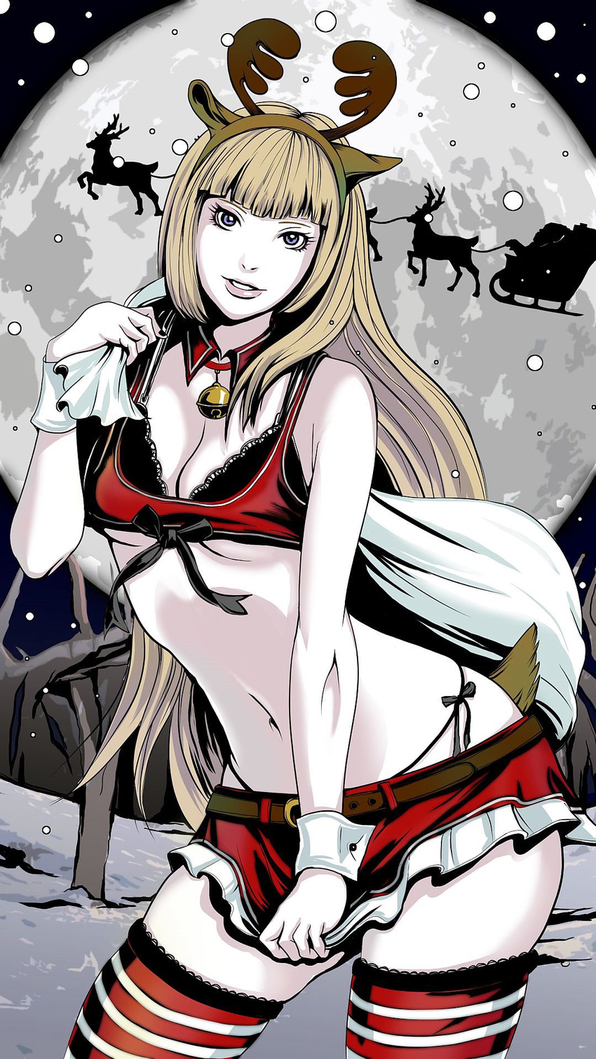 alternate_costume antlers bell bell_collar black_bra blonde_hair bra breasts christmas cleavage collar full_moon highres large_breasts lili_(tekken) lips long_hair microskirt midriff moon navel official_art panties purple_eyes reindeer reindeer_antlers sack santa_claus santa_costume side-tie_panties skirt skirt_tug sleigh snow solo striped striped_legwear tekken tekken_tag_tournament_2 thighhighs underboob underwear wrist_cuffs