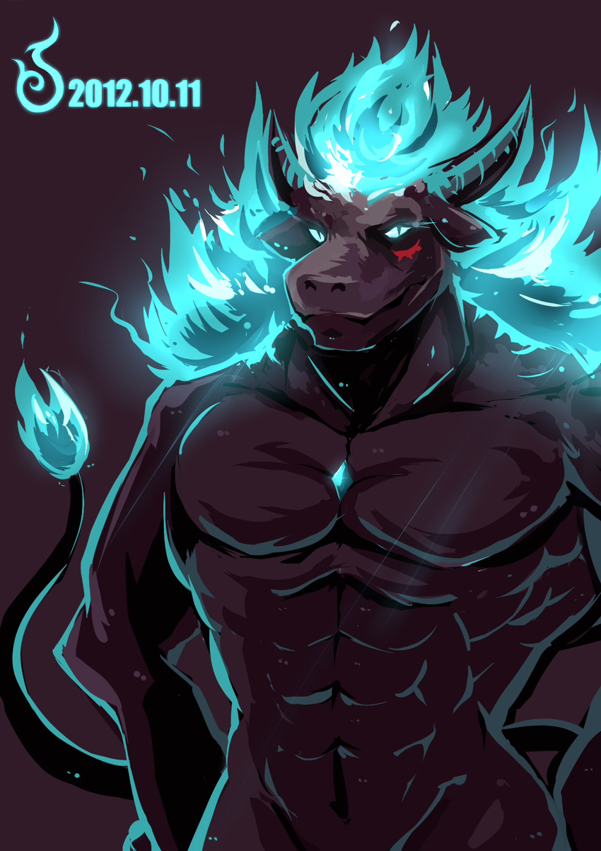 &#26441;&#40180; ?? abs biceps black_fur blue_fire bovine fire fur horn looking_at_viewer male mammal muscles nude pecs pose slit_pupils solo standing