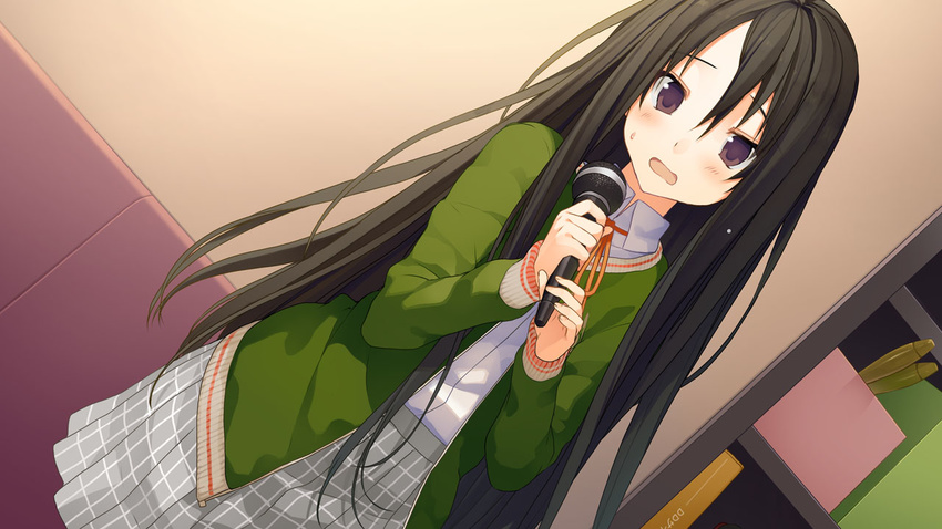 1girl akinashi_yuu black_hair blush dutch_angle female fingernails game_cg haida_kimika hair_between_eyes holding ima_sugu_onii-chan_ni_imouto_da_tte_iitai! indoors long_hair long_skirt looking_at_viewer microphone nervous open_mouth plaid plaid_skirt pleated_skirt purple_eyes school_uniform singing skirt solo standing sweater