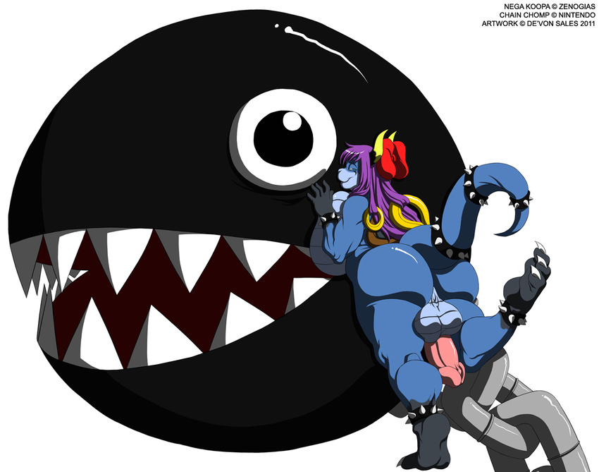 ambiguous_gender anthro balls belly_scales big_breasts big_butt black_body black_eyes black_skin blue_balls blue_body blue_countershading blue_pussy blue_skin breast_squish breasts butt chain chain_chomp claws countershading couple deonwolf dickgirl dragon duo erection feral hair hair_bow hair_decorations hair_ornament herm huge_breasts intersex interspecies koopa leaning leaning_forward love macro mario_bros markings micro muscles nega_koopa nintendo open_mouth penis pink_penis plain_background purple_hair pussy reptile scalie sharp_teeth size_difference socks_(marking) spiked_anklet spiked_bracelet tail_cuff teeth thick_thighs tiptoes turtle uhoh video_games white_background yellow_horns