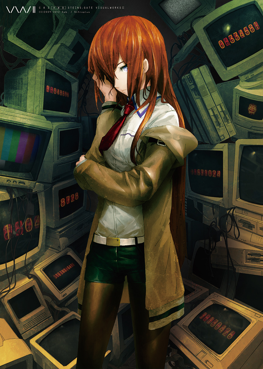 belt black_legwear blue_eyes blush brown_hair copyright_name hair_over_one_eye highres huke jacket legwear_under_shorts long_hair makise_kurisu monitor necktie official_art pantyhose red_neckwear shirt shorts smile solo steins;gate