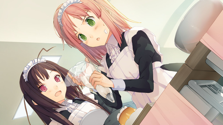 2girls ahoge akinashi_yuu blush bowl brown_hair cake cream dutch_angle female fingernails food game_cg green_eyes holding ima_sugu_onii-chan_ni_imouto_da_tte_iitai! indoors long_hair looking_at_another maid maid_headdress mitani_ayumu multiple_girls nanase_matsuri open_mouth pink_eyes pink_hair standing table uniform wallpaper whipped_cream