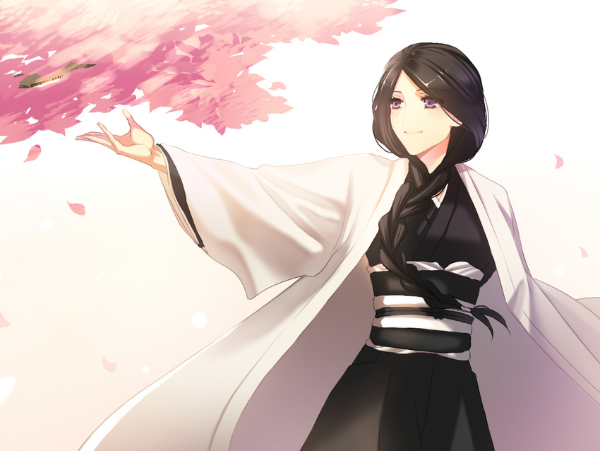 black_hair black_kimono bleach braid cherry_blossoms commentary_request day front_braid front_ponytail haori japanese_clothes kimono ktsis long_hair long_sleeves looking_to_the_side obi outdoors outstretched_arm outstretched_hand petals purple_eyes reaching sash single_braid smile solo standing unohana_retsu wide_sleeves