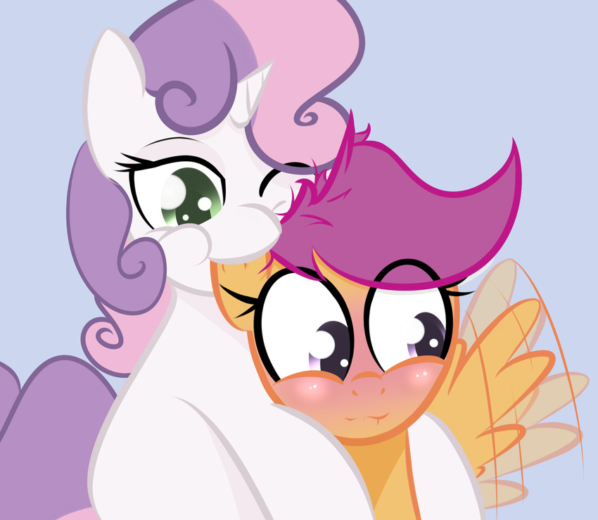 :3 biting_lip blush cub ear_biting equine female friendship_is_magic fur green_eyes hair horn horse kryptchild kryptchildart lesbian mammal my_little_pony nom one_eye_closed orange_fur pegasus pony purple_eyes purple_hair scootaloo_(mlp) sweetie_belle_(mlp) two_tone_hair unicorn white_fur wing_boner wings young