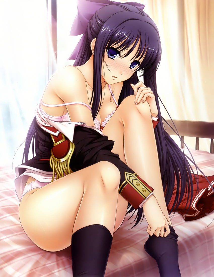1girl absurdres bangs bare_shoulders bed black_legwear blue_eyes blush bow bra breasts cleavage collarbone curtains embarrassed epaulettes feet fingernails hair_between_eyes hair_bow hair_ornament hand_on_knee hands highres hips indoors kneehighs knees komori_kei lace lace-trimmed_bra leg_lift legs lingerie long_hair long_image long_sleeves looking_at_viewer off_shoulder official_art on_bed open_clothes open_mouth open_shirt panties pantyhose payot pink_bra pink_panties purple_hair ryuzouji_akane school_uniform shiny shiny_hair shiny_skin shirt sidelocks sitting skirt skirt_removed sock_pull solo strap_slip sunlight tall_image underwear undressing uniform walkure_romanze window